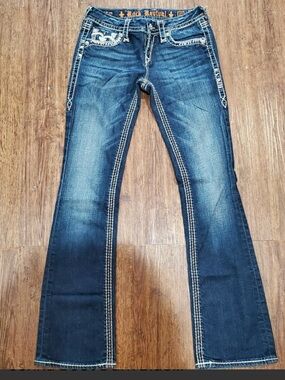 Rock Revival Women's Dark Blue Flare Jeans with Contrast Stitching size  26 crop